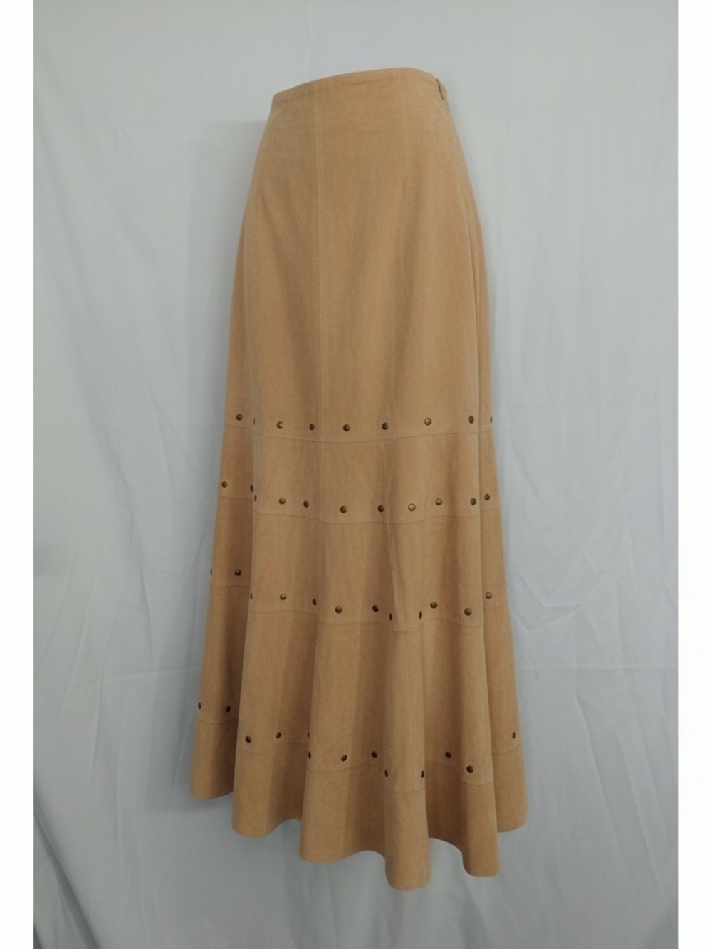 Chicos Leather High-Waist Tan Maxi Skirt with Eyelet Trim